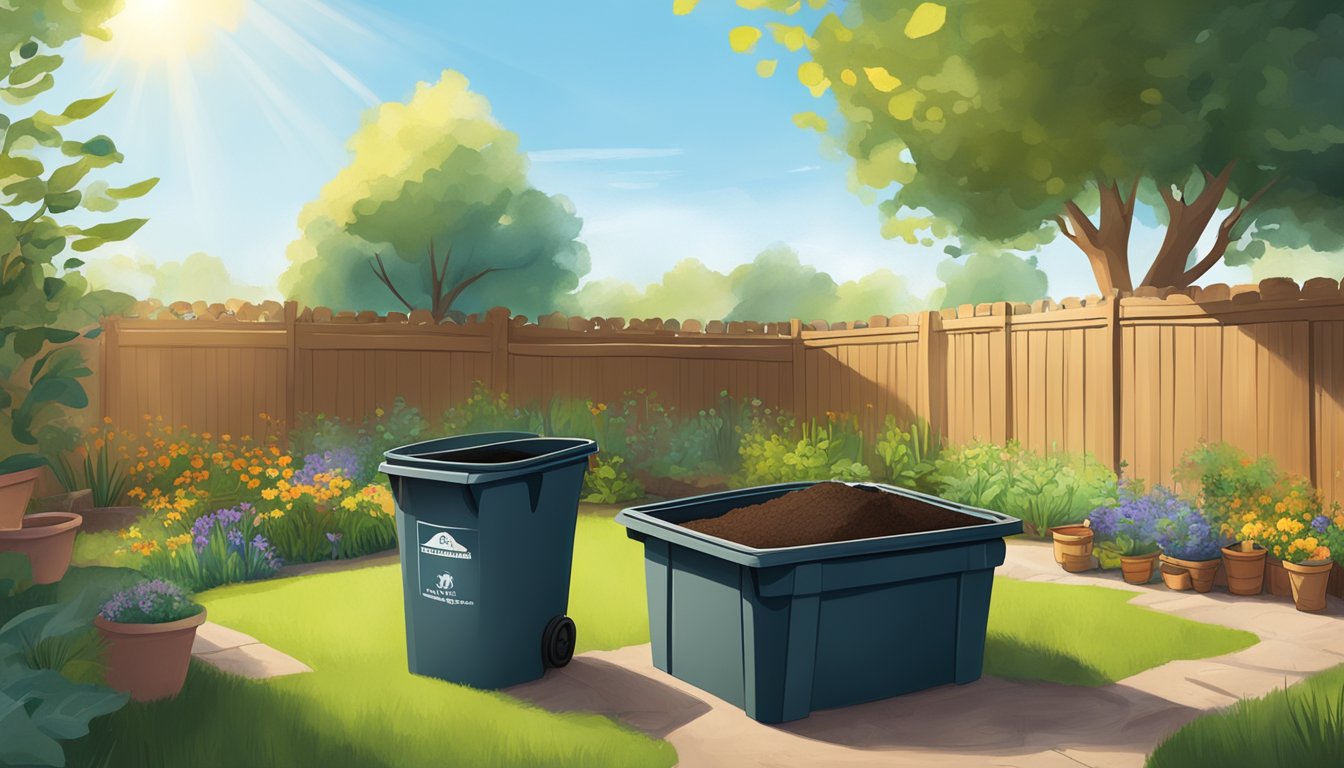 A backyard in Aurora, CO with a compost bin, shovel, and various organic materials being layered inside. The sun is shining, and a small garden is visible in the background