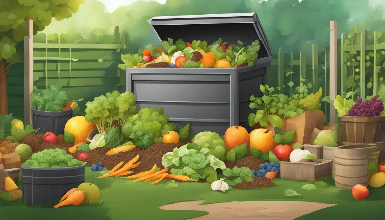 A backyard compost bin surrounded by a variety of organic waste materials, including fruit and vegetable scraps, leaves, and grass clippings