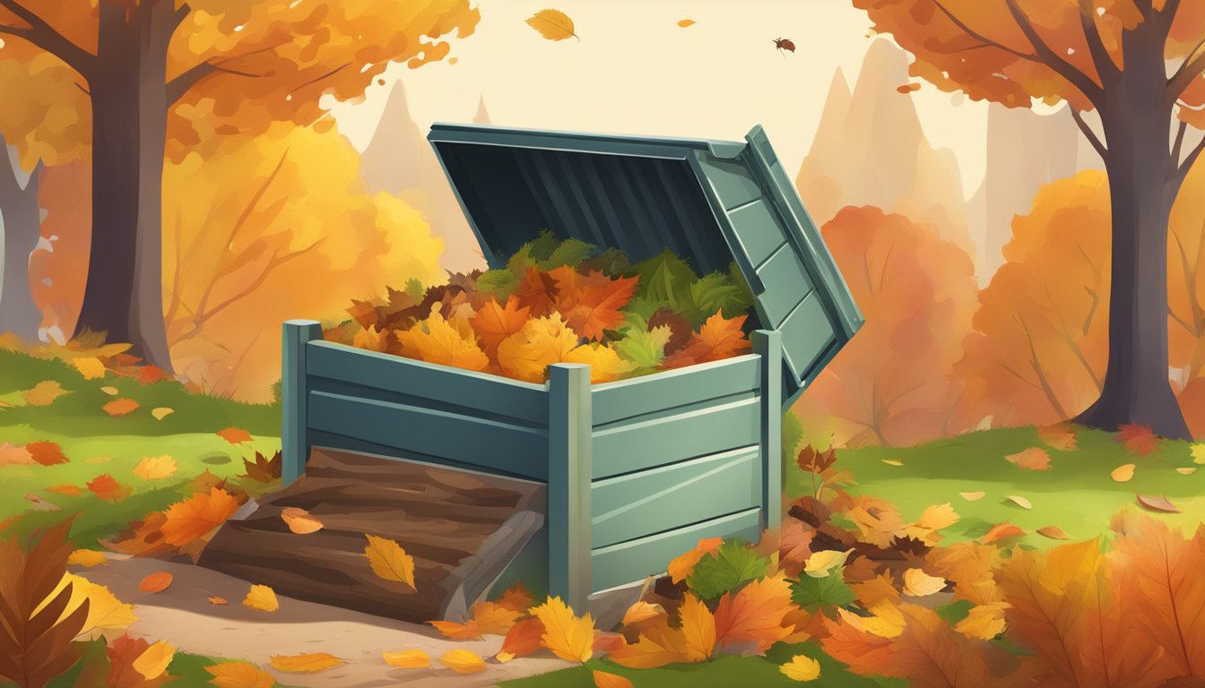 A backyard compost bin sits among colorful autumn leaves and a variety of organic waste, surrounded by a mix of grass and soil