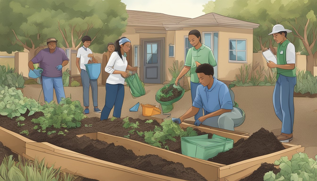 A group of people in West Covina, CA, working together to compost, surrounded by educational materials and tools