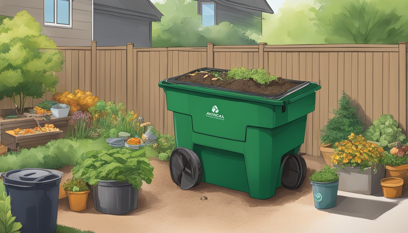 A backyard in Arvada, CO with a compost bin surrounded by greenery and a variety of food scraps and yard waste being added to the bin