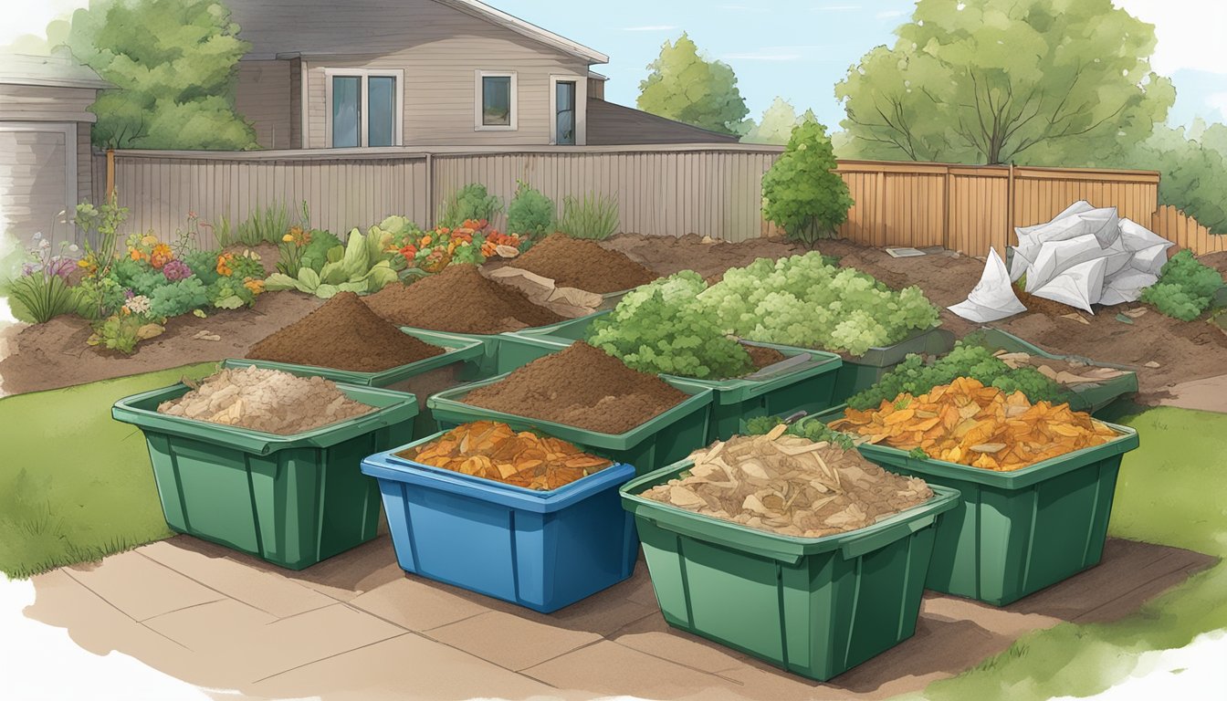 A pile of compostable materials, including food scraps, yard waste, and paper, arranged in separate bins in a backyard garden in Aurora, CO