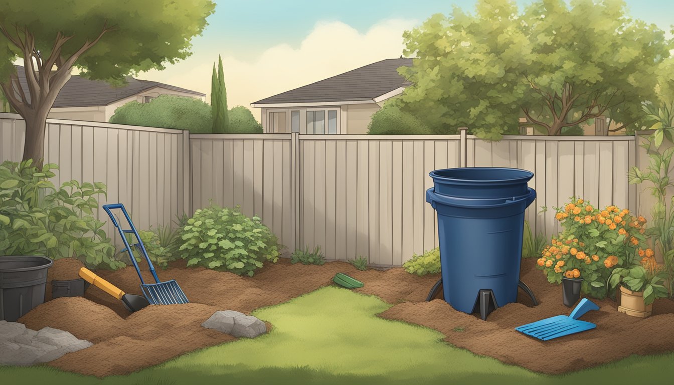 A suburban backyard with a compost bin, garden tools, and a stack of informational pamphlets on composting in West Covina, CA