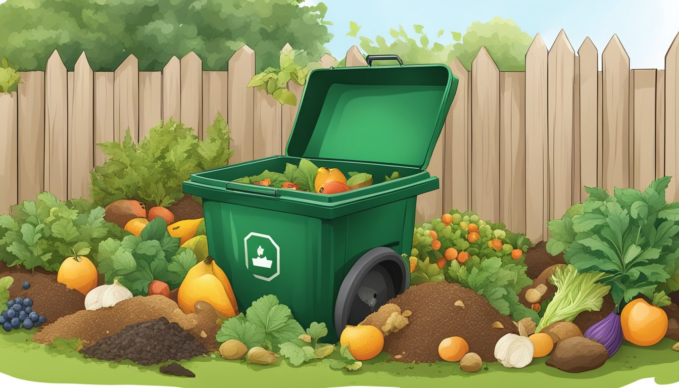 A backyard compost bin surrounded by various types of organic waste, including fruit and vegetable scraps, leaves, and grass clippings