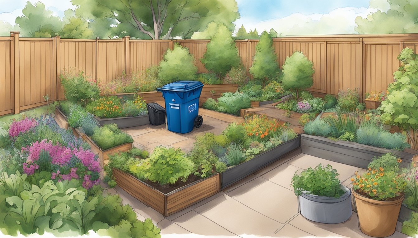 A backyard in Aurora, CO with a compost bin surrounded by a diverse community of plants and trees