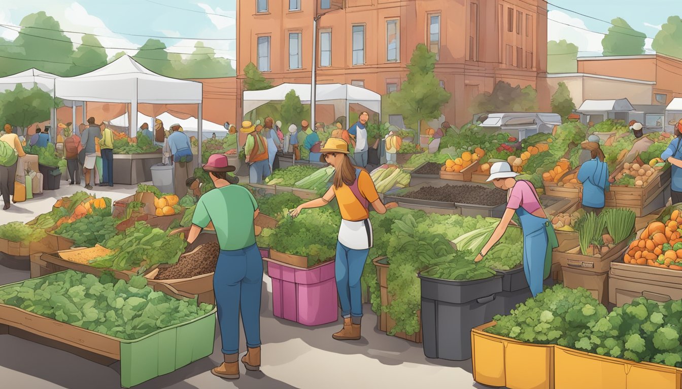 A bustling farmers' market with people dropping off food scraps at a composting station, surrounded by bins of rich soil and thriving plants