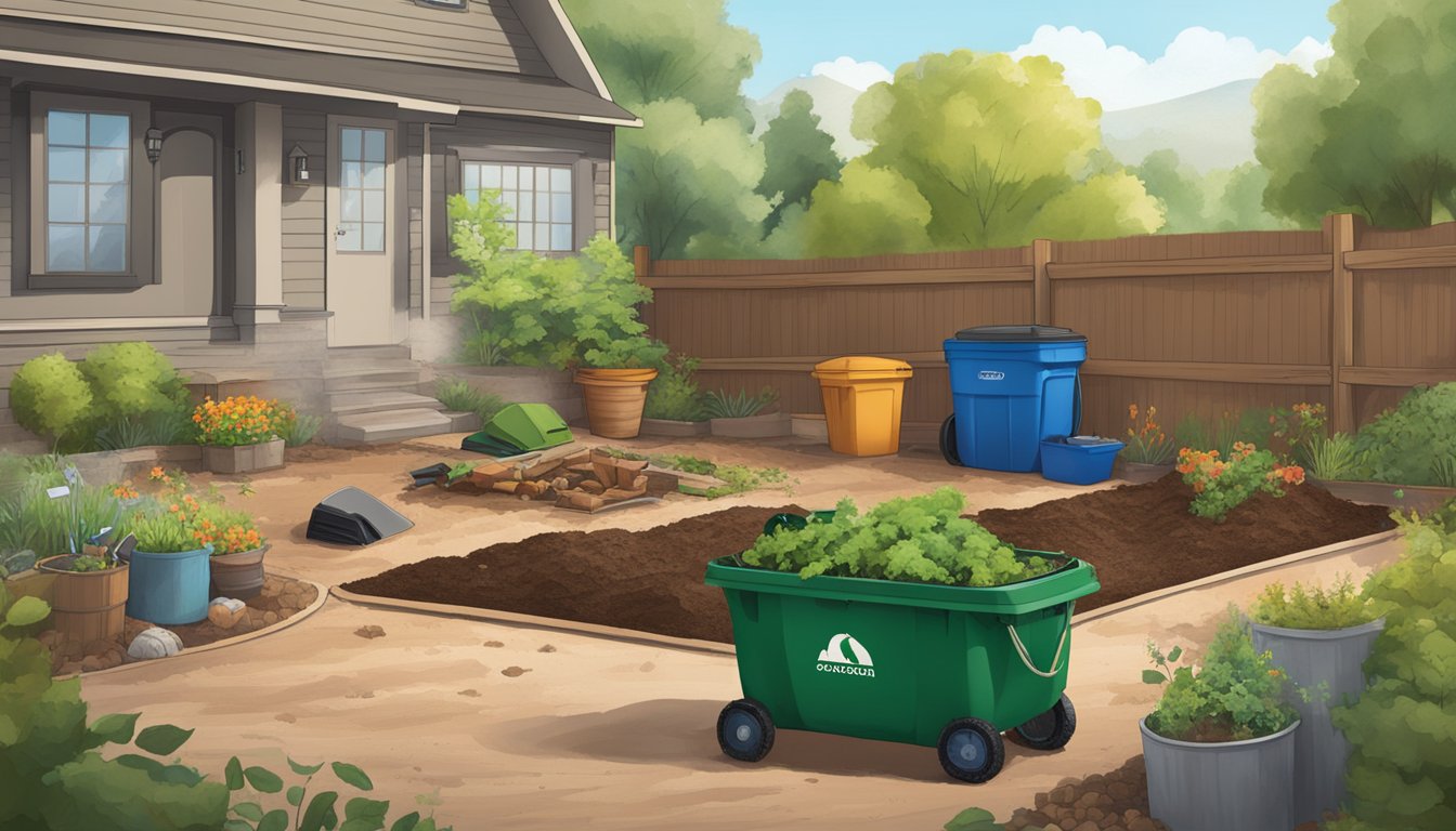 A backyard in Arvada, CO with a compost bin, shovel, and various organic materials spread out on the ground