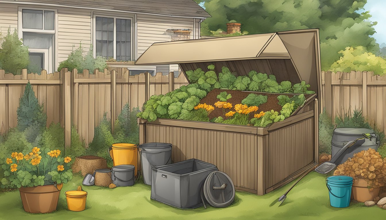 A backyard compost bin surrounded by various organic materials and garden tools in Aurora, CO