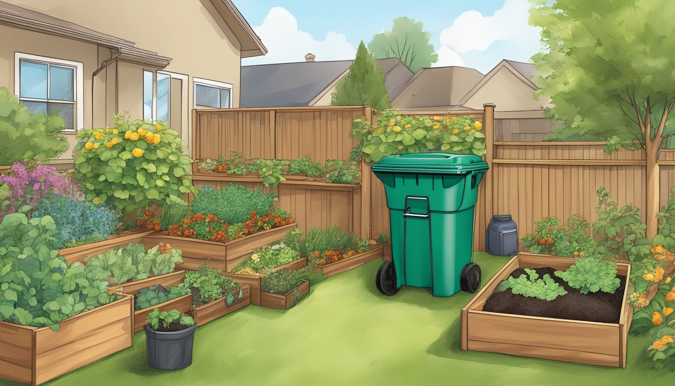 A backyard in Arvada, CO with a compost bin surrounded by a mix of kitchen scraps, yard waste, and soil. A small garden nearby shows healthy, thriving plants