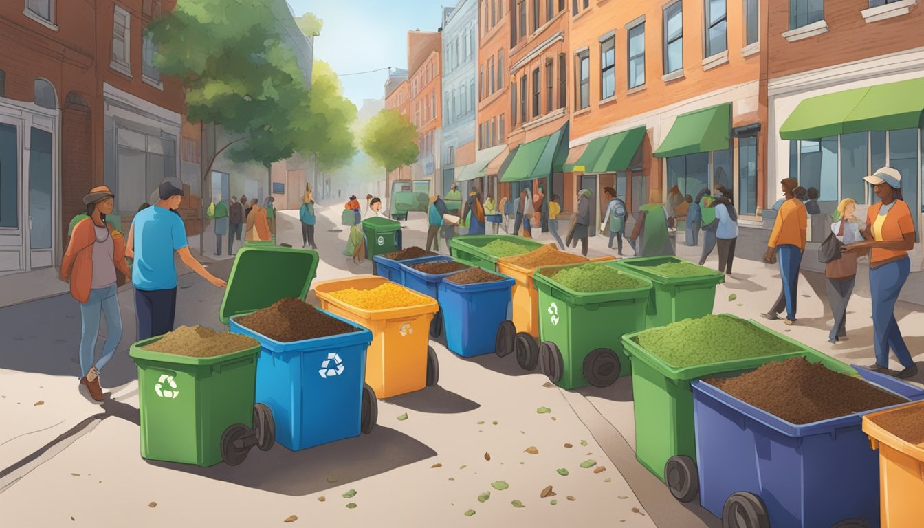 A bustling city street with colorful compost bins and community members working together to recycle organic waste