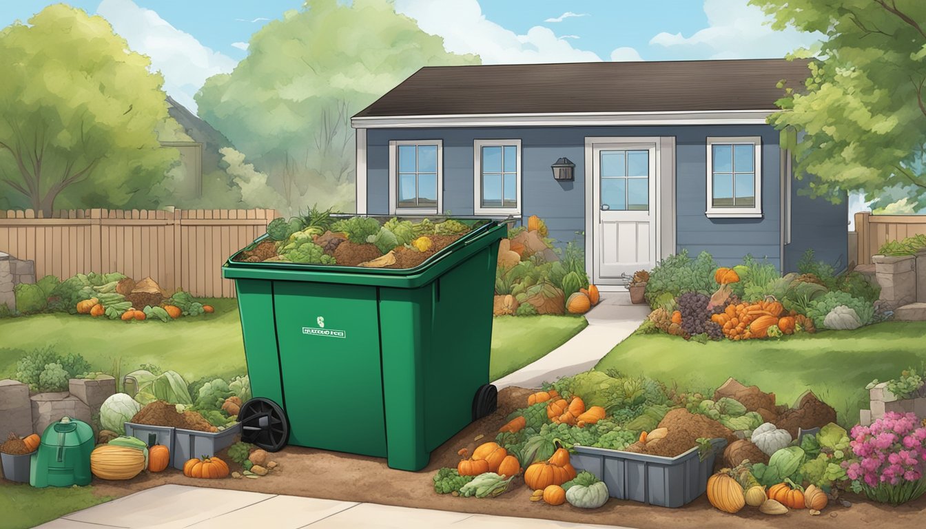 A backyard compost bin surrounded by a variety of organic waste, with a backdrop of a suburban neighborhood in Aurora, CO