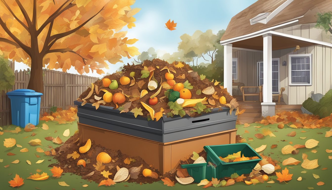 A backyard composting bin surrounded by a variety of organic waste, including fruit peels, vegetable scraps, and coffee grounds. Fallen leaves and twigs are scattered around the bin