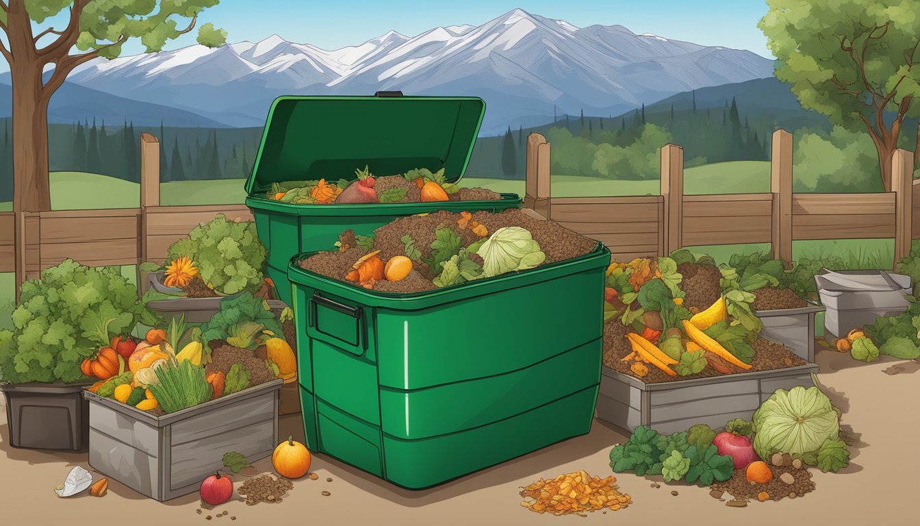 A backyard compost bin surrounded by a variety of organic waste, including fruit peels, vegetable scraps, and coffee grounds, with a backdrop of the Rocky Mountains in Boulder, CO