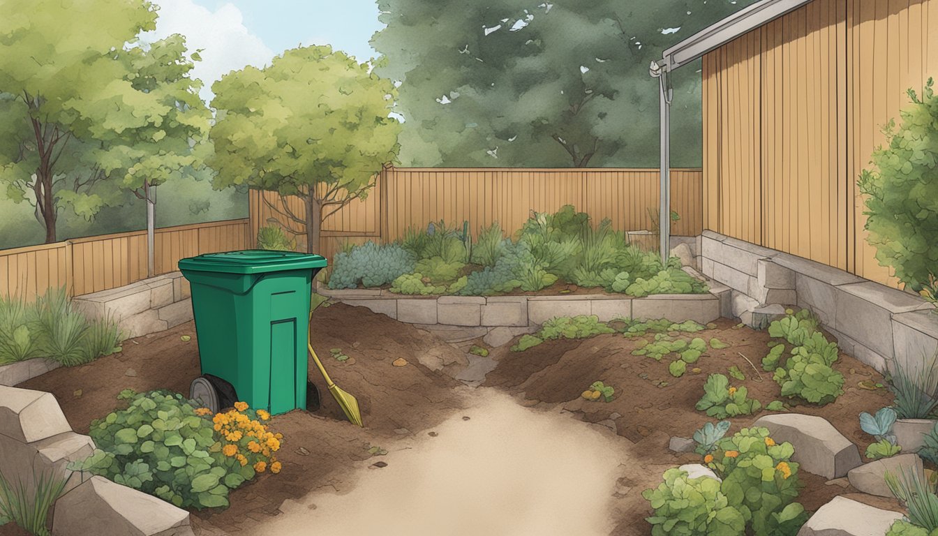 A backyard in Boulder, CO with a compost bin, a shovel, and various organic waste materials spread out on the ground