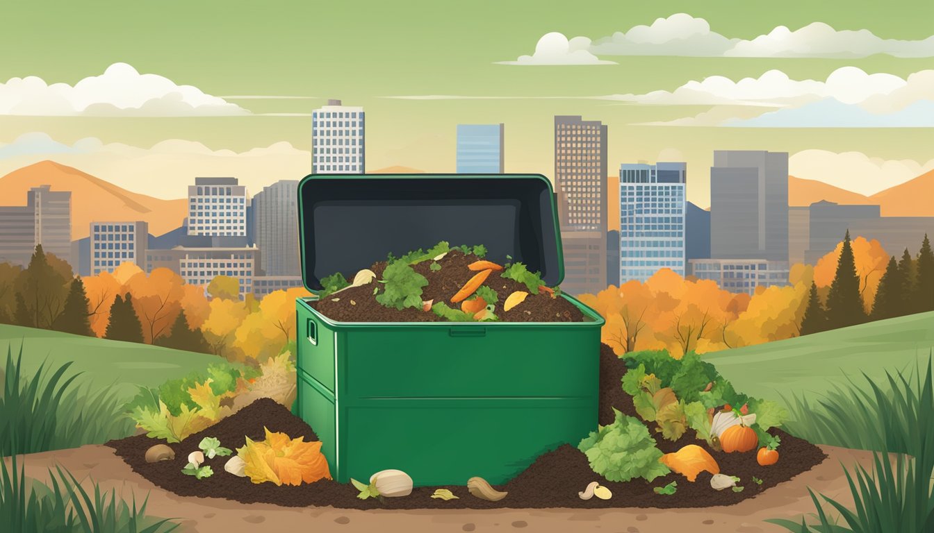 A backyard compost bin surrounded by various types of organic waste, including food scraps, leaves, and grass clippings, with a backdrop of the Colorado Springs skyline