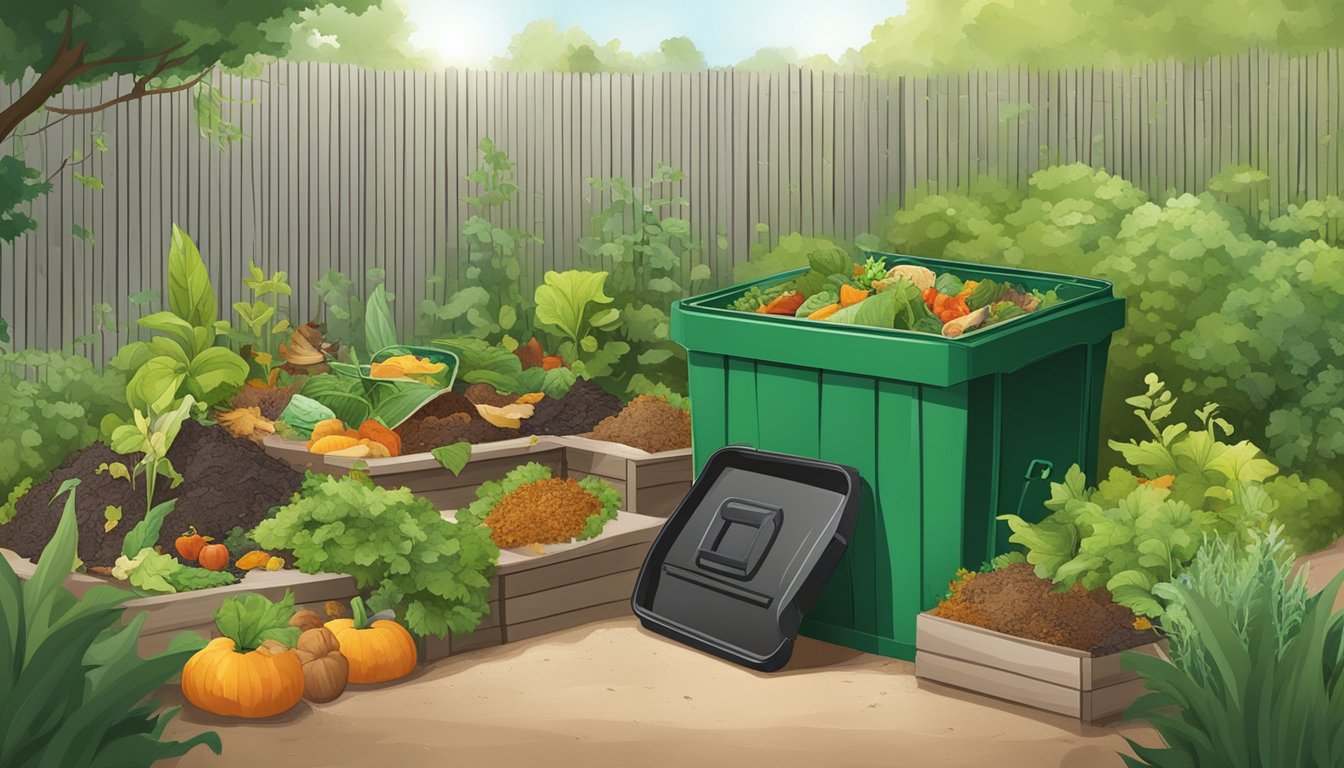 A backyard compost bin surrounded by green plants and a mix of food scraps and yard waste