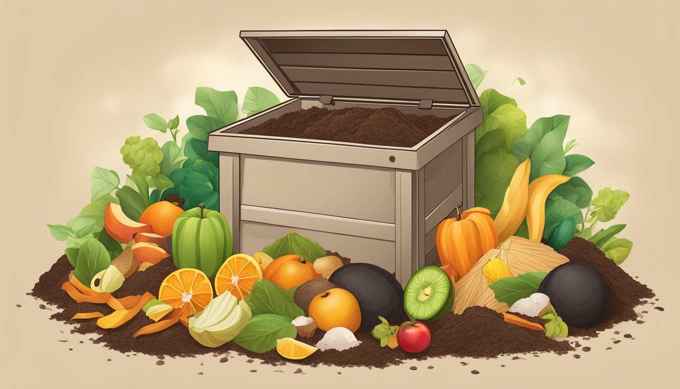 A backyard compost bin surrounded by a variety of organic waste, including fruit peels, vegetable scraps, coffee grounds, and shredded paper