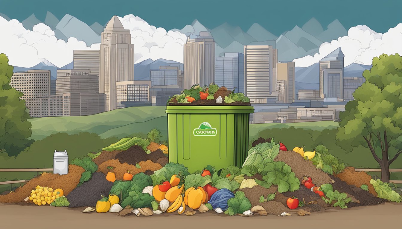 A backyard compost bin surrounded by various compostable materials, such as fruit and vegetable scraps, leaves, and paper products, with the Colorado Springs skyline in the background