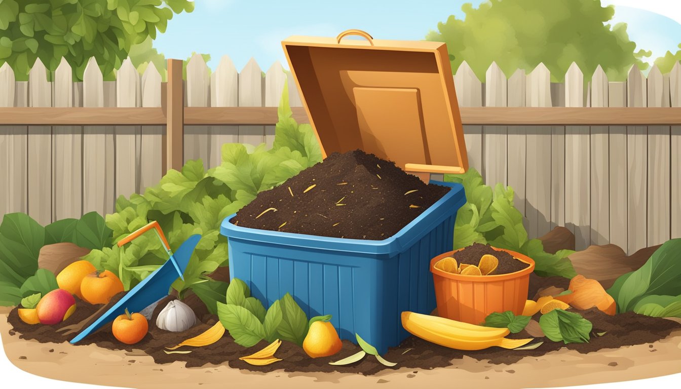 A backyard compost bin surrounded by a variety of organic waste materials, such as fruit peels, vegetable scraps, and yard trimmings, with a shovel nearby