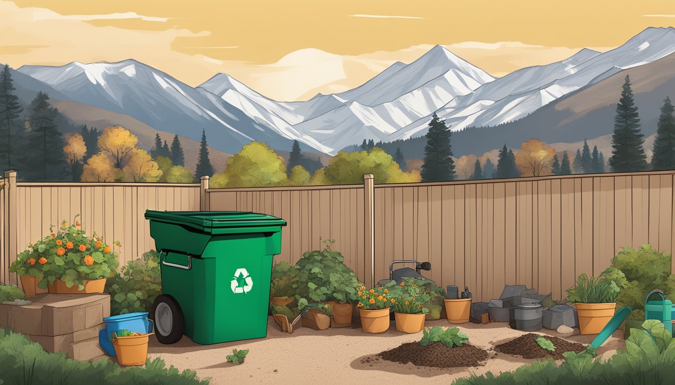 A backyard in Colorado Springs with a compost bin, gardening tools, and various organic waste materials scattered around. The Rocky Mountains are visible in the background