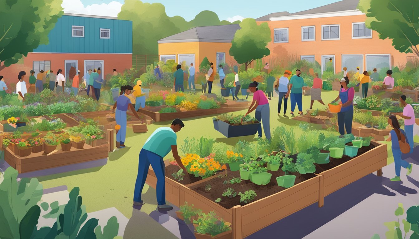 A vibrant community garden with compost bins, diverse plant life, and local residents working together