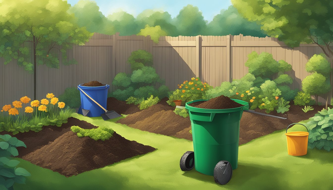 A sunny backyard with a compost bin, shovel, and a variety of organic waste materials being added to the pile. Surrounding the area are lush green plants and trees