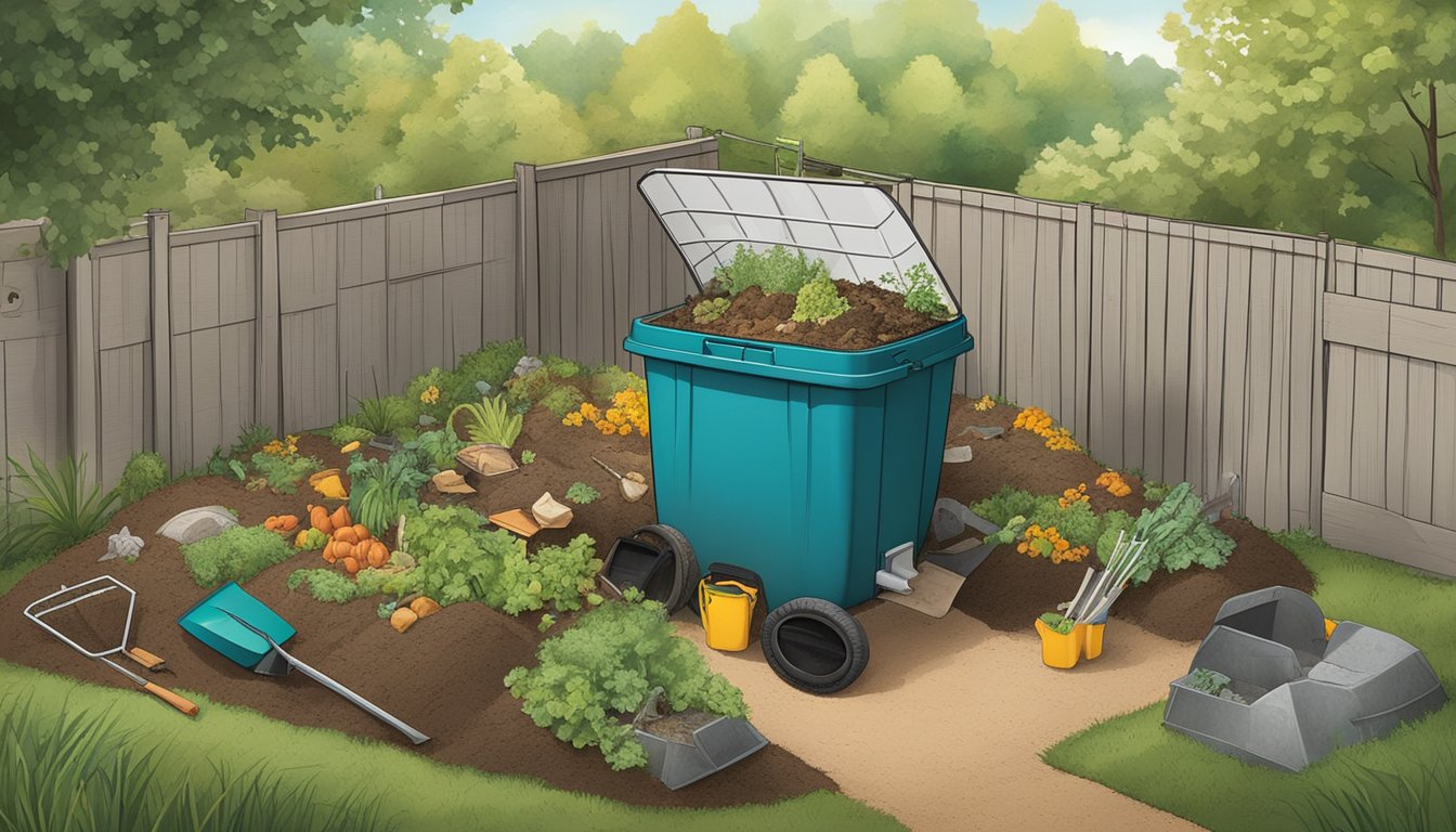 A backyard compost bin surrounded by a variety of organic waste, with a shovel and gardening tools nearby. A small sign indicates "Composting Regulations and Support in Colorado."