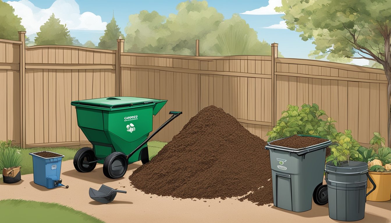 A backyard in Colorado Springs, CO with a compost bin, garden tools, and various organic waste materials being added to the pile