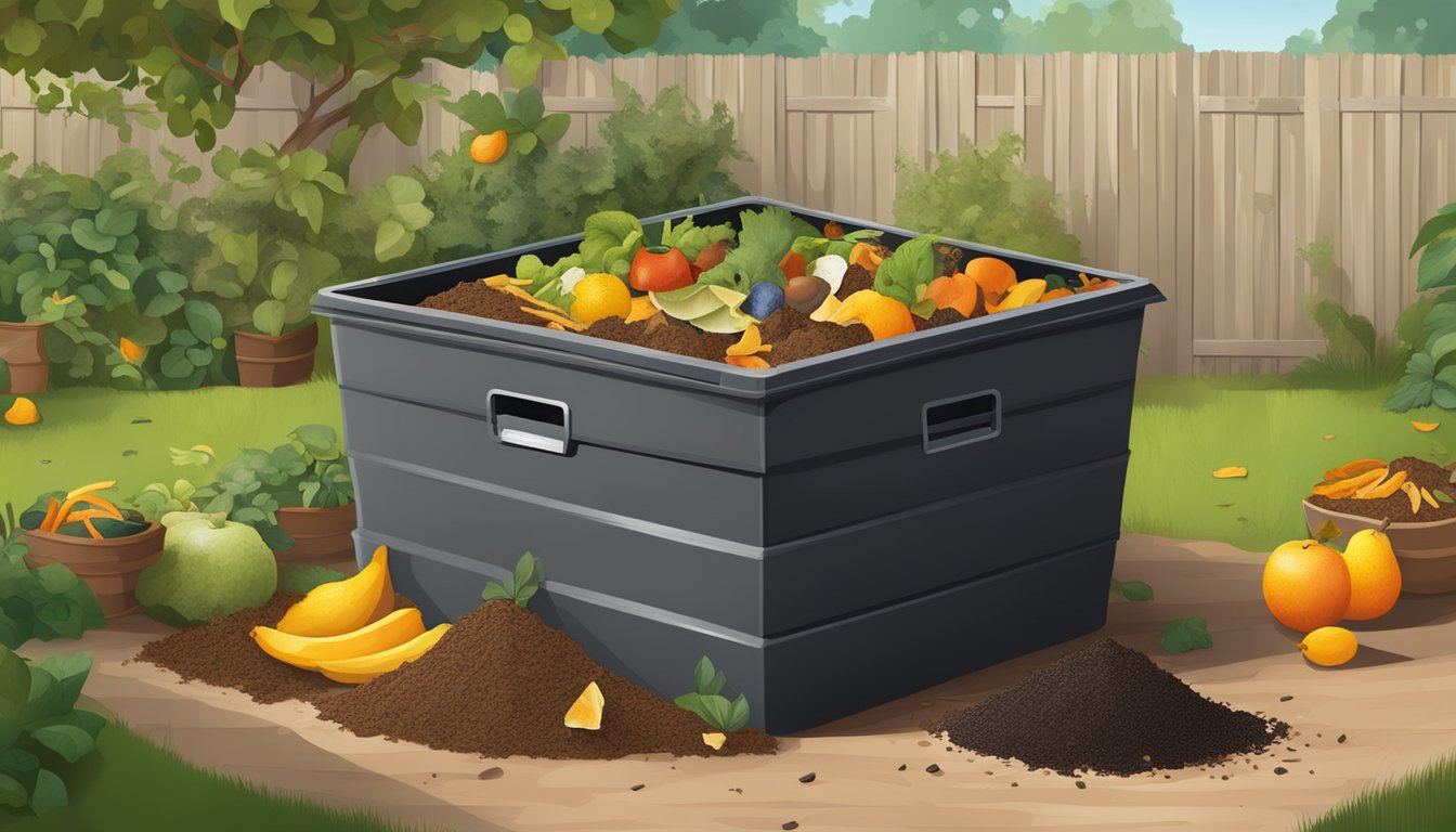 A backyard compost bin surrounded by a variety of organic waste, including fruit peels, coffee grounds, and yard clippings