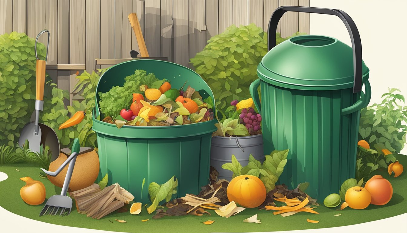 A backyard compost bin surrounded by a variety of organic waste, including fruit peels, vegetable scraps, and yard clippings, with a shovel and watering can nearby