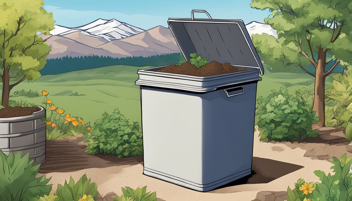 A backyard compost bin surrounded by greenery and mountains under a bright blue sky in Colorado Springs, CO