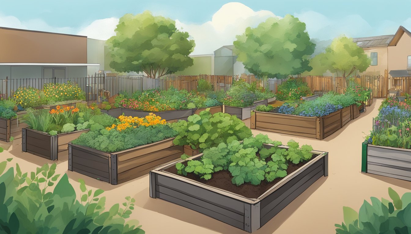 A bustling community garden in Centennial, CO, where compost bins overflow with organic waste, while lush greenery thrives nearby