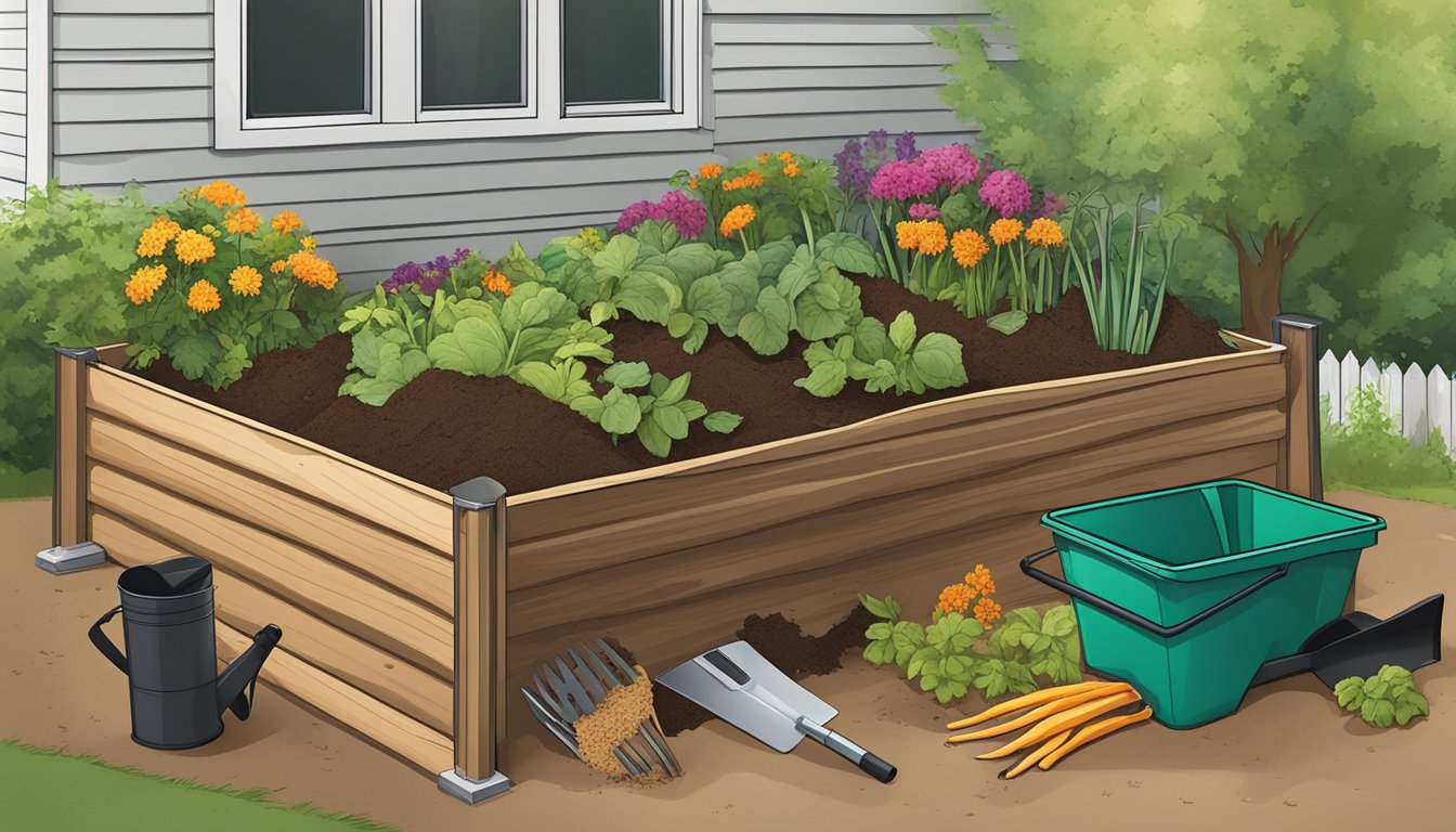 A backyard compost bin in Denver, CO, surrounded by a mix of kitchen scraps, yard waste, and soil. A shovel and gardening gloves nearby