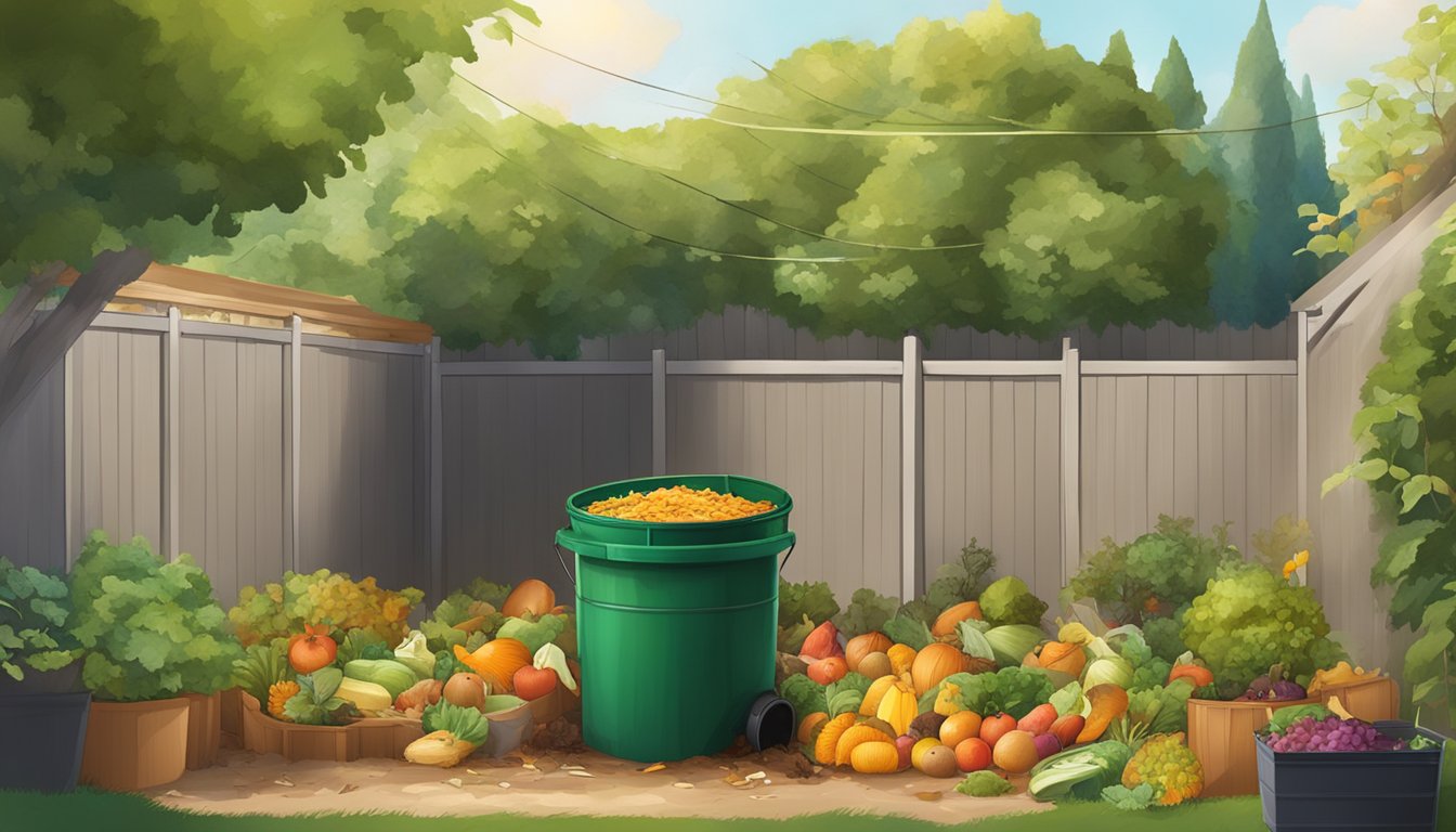 A backyard with a compost bin surrounded by a variety of organic waste, including fruit peels, vegetable scraps, and yard clippings