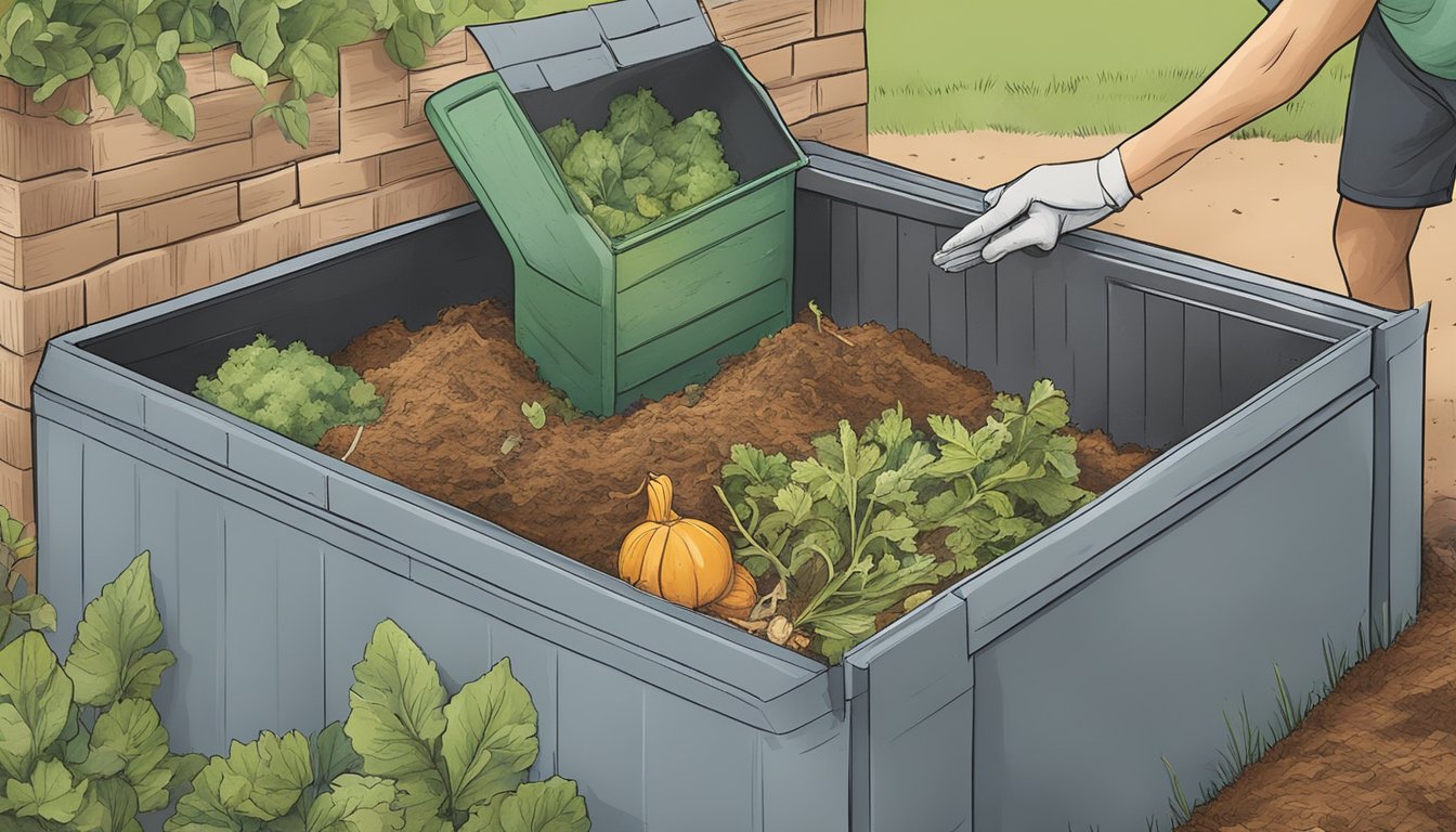 A person placing food scraps and yard waste into a compost bin in a backyard garden in Denver, Colorado