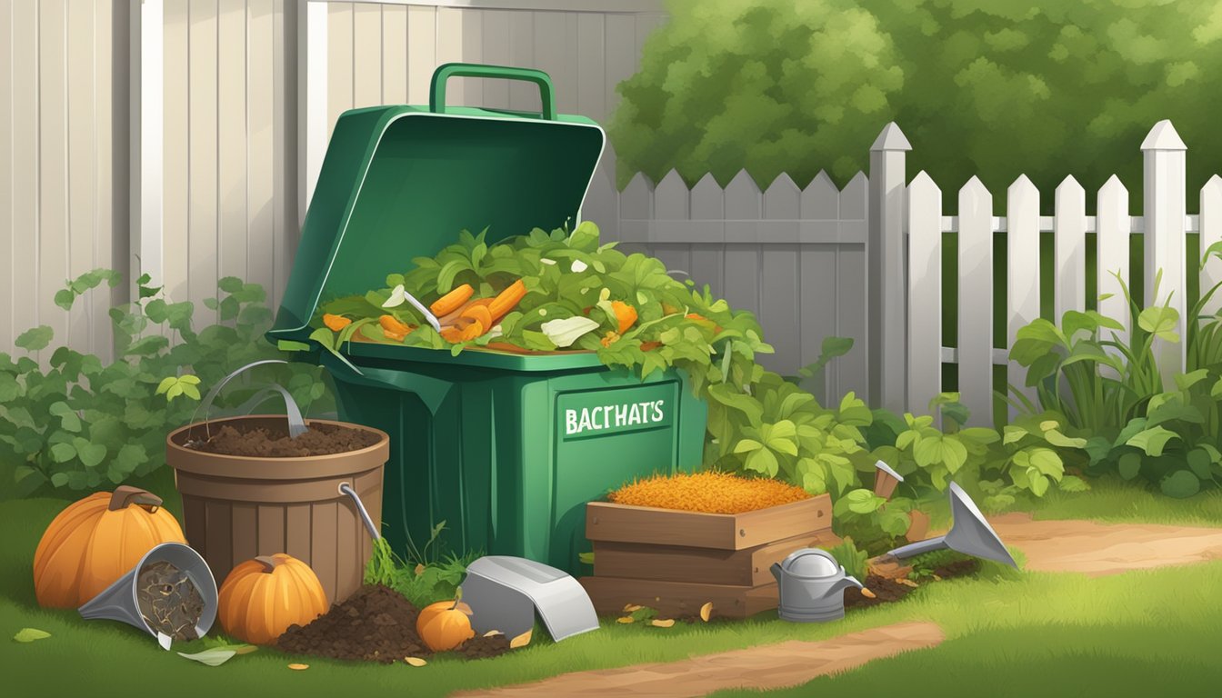 A backyard compost bin surrounded by grass, leaves, and kitchen scraps. A shovel and watering can sit nearby