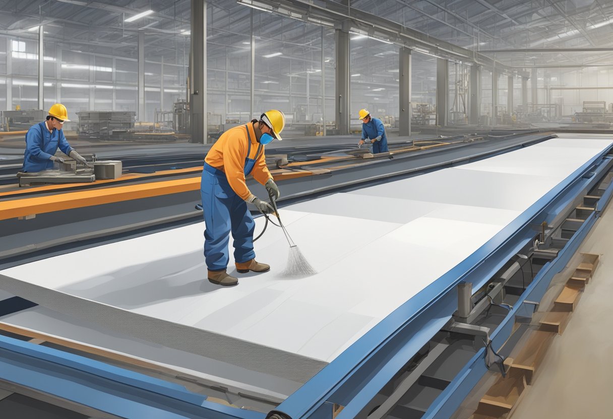 A worker welds together large sheets of pond liner material in a manufacturing facility, surrounded by industrial machinery and materials