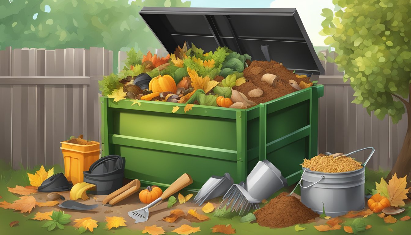 A backyard compost bin surrounded by garden tools, a pile of leaves, and a variety of food scraps