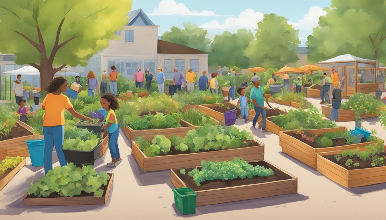 A colorful illustration of a community garden in Denver, CO, with residents composting and using local services to recycle organic waste