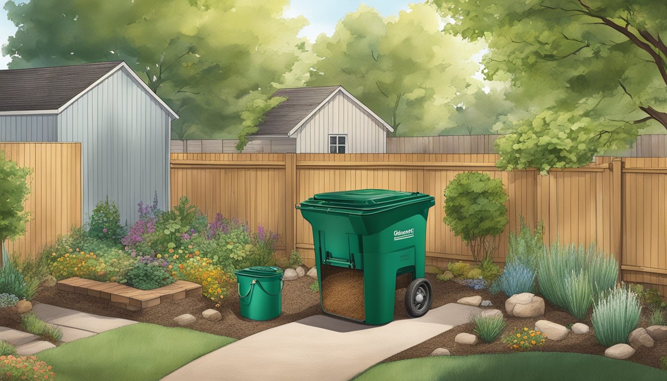 A backyard in Greeley, CO with a compost bin, garden tools, and a variety of organic materials being added to the bin