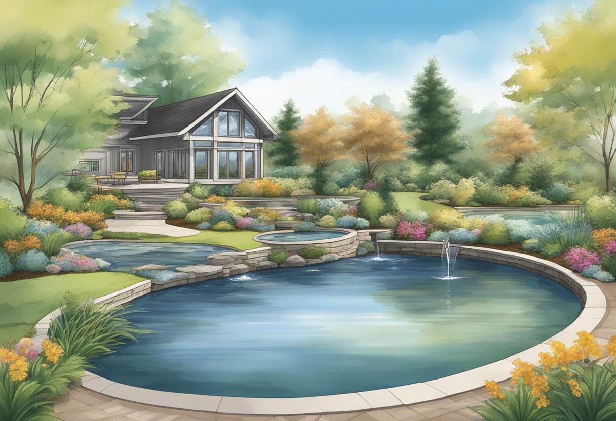 A pond with a box welded liner installed, surrounded by natural landscaping and water features, with attention to the liner's seamless construction and durability