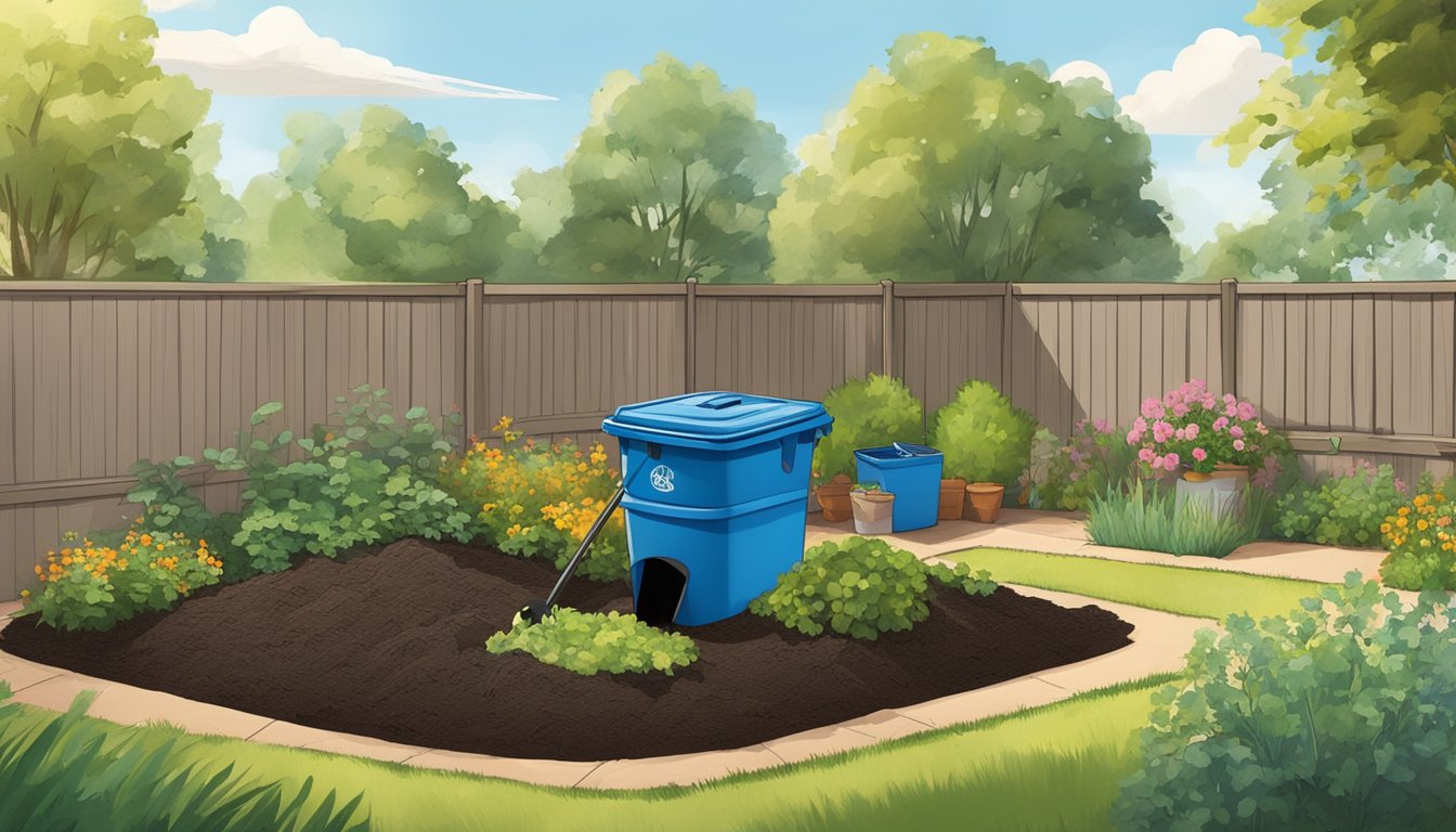 A backyard in Fort Collins, CO with a compost bin, shovel, and various organic materials scattered around. The sun is shining, and a small garden is visible in the background