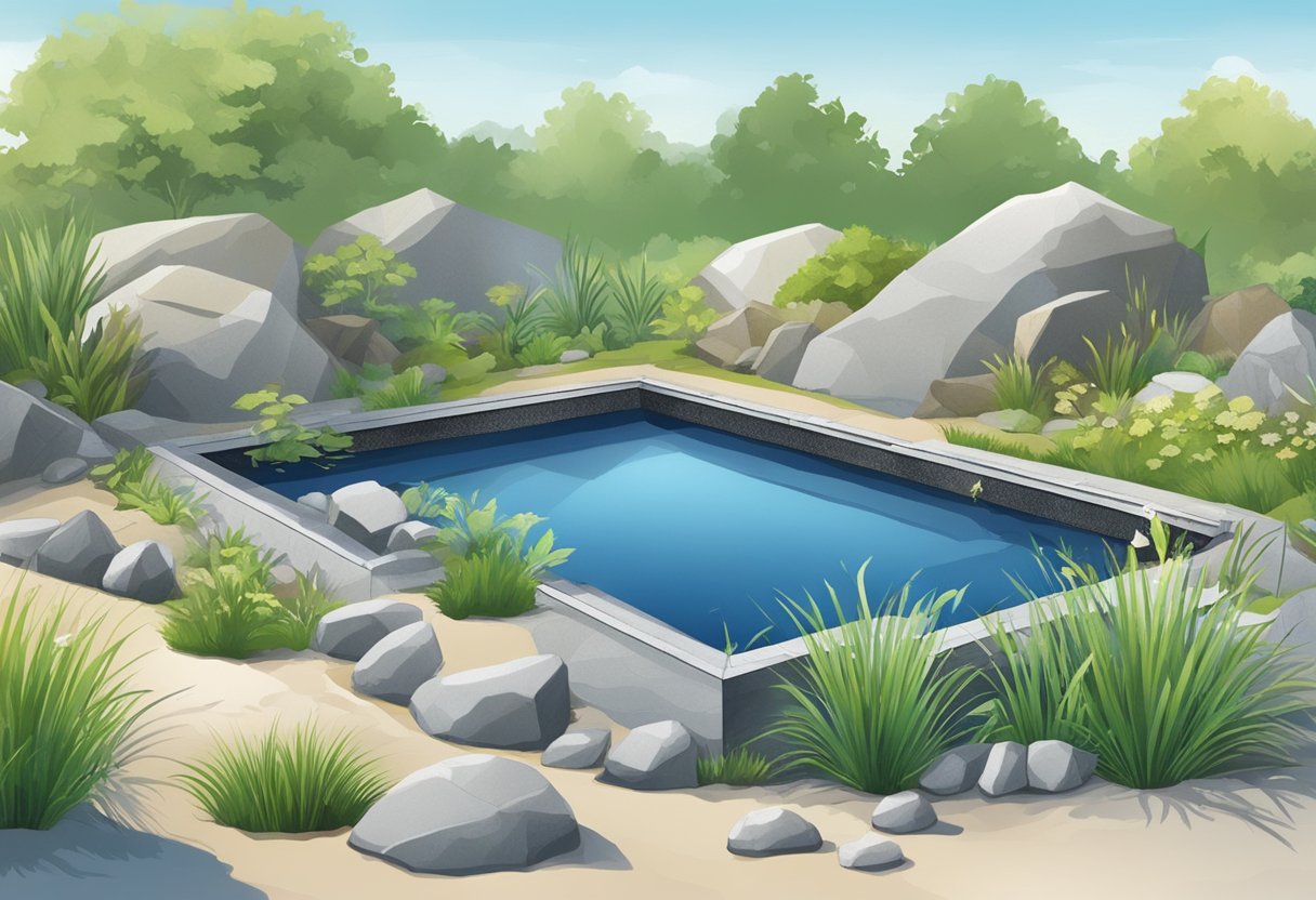 A large, rectangular pond with a welded liner, surrounded by rocks and plants, under a clear blue sky