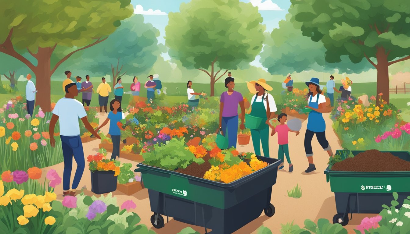 A group of people in Greeley, CO are composting food scraps and yard waste in a community garden, surrounded by trees and colorful flowers