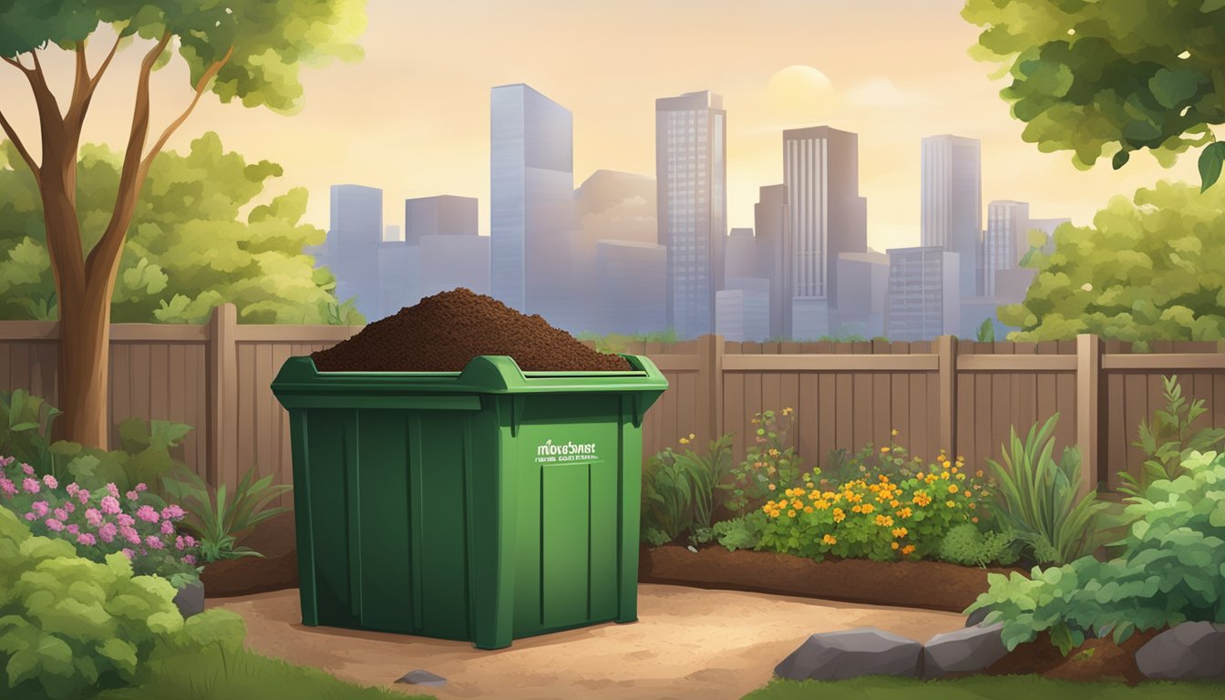 A backyard compost bin with a mix of green and brown organic materials, surrounded by a small garden and a city skyline in the background