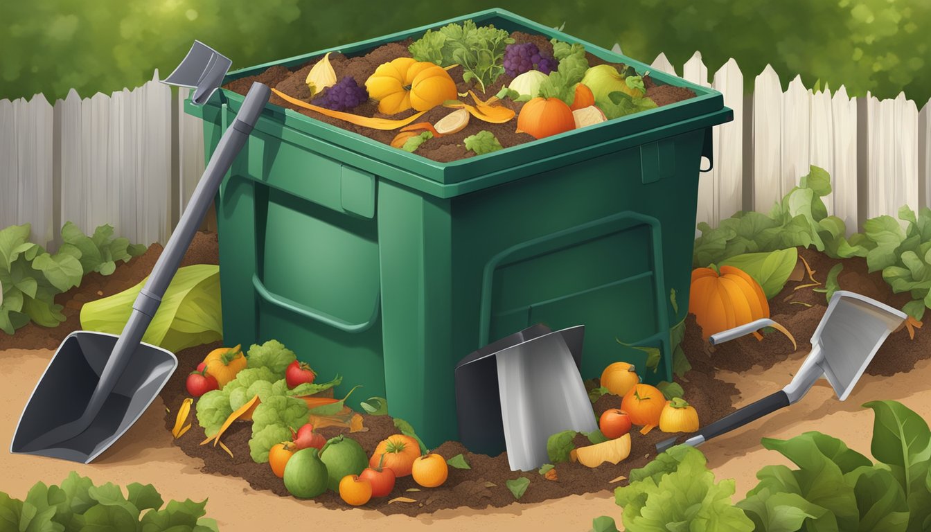 A backyard compost bin surrounded by a variety of organic waste, including fruit peels, vegetable scraps, and yard clippings. A shovel and pitchfork are nearby for turning the compost