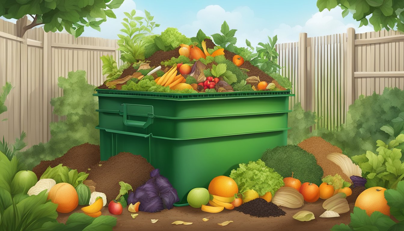 A backyard compost bin surrounded by a variety of organic waste, including fruit and vegetable scraps, leaves, and grass clippings