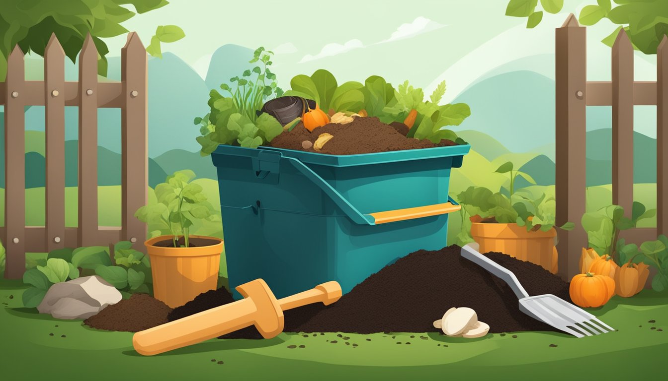 A backyard compost bin surrounded by various organic materials and kitchen scraps, with a shovel and gardening gloves nearby