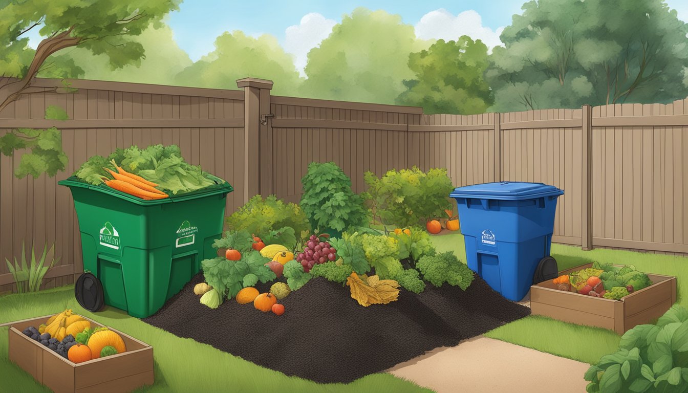 A backyard in Pueblo, CO with a compost bin surrounded by a variety of organic waste material, including fruit and vegetable scraps, leaves, and grass clippings