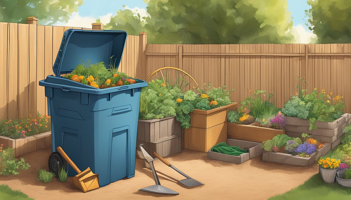 A backyard compost bin surrounded by various organic materials and garden tools in a sunny Pueblo, CO yard